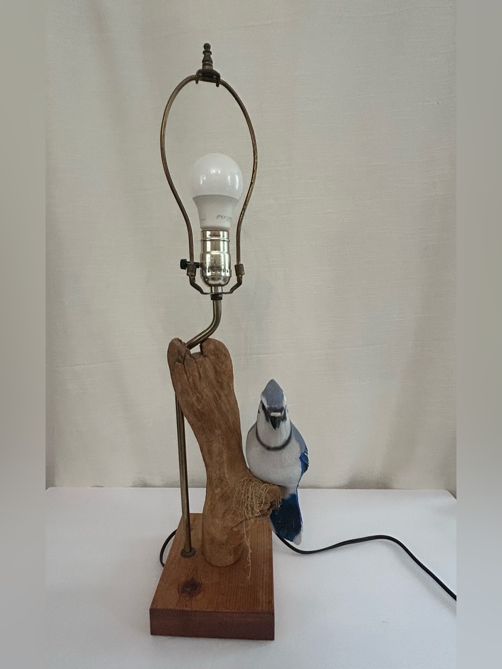 Likely Vintage Driftwood and Bluebird Maximalist Statue Working Lamp